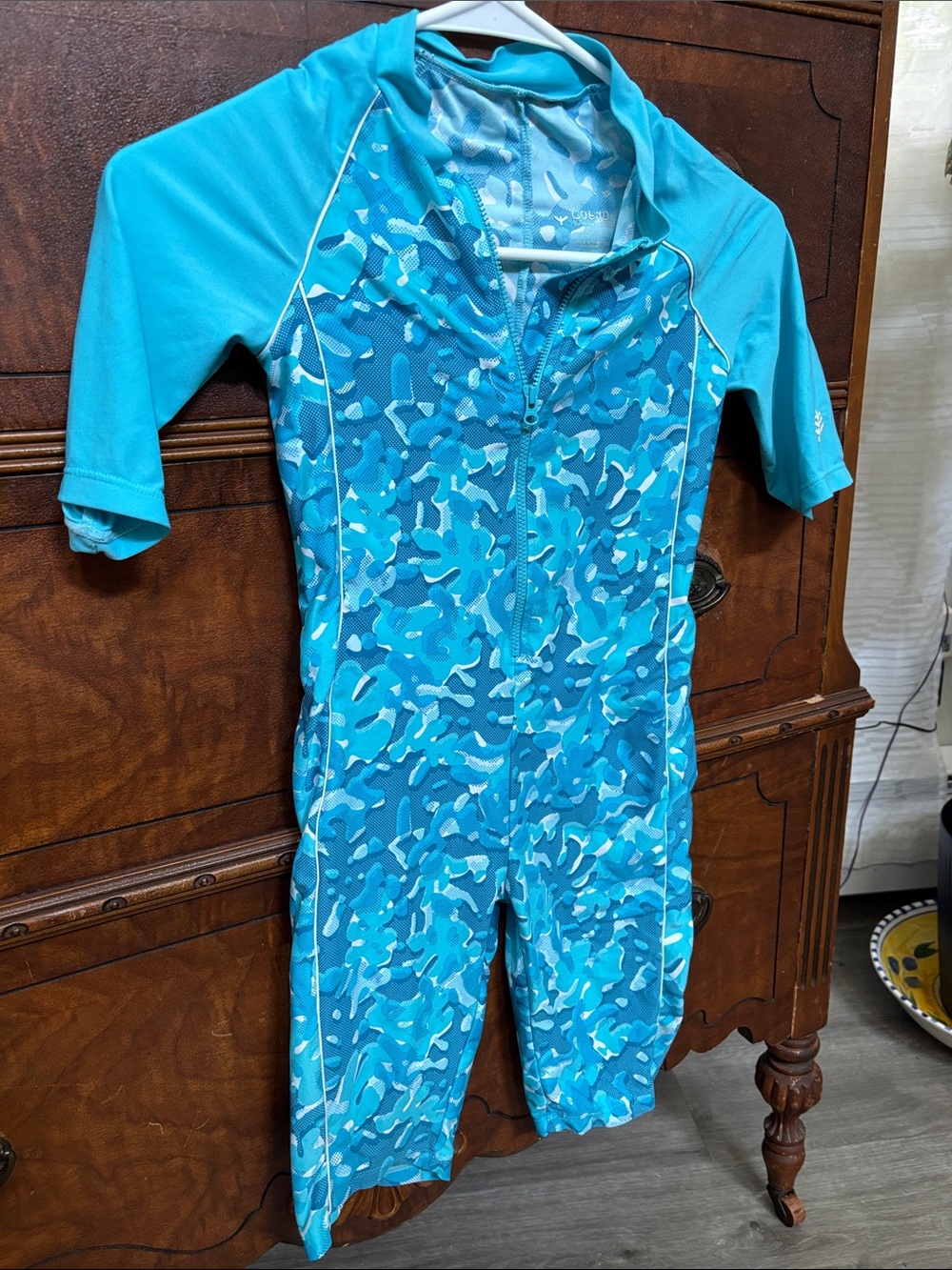 Coolibar Girls Blue Aqua Camouflage Short Sleeve Sunsuit